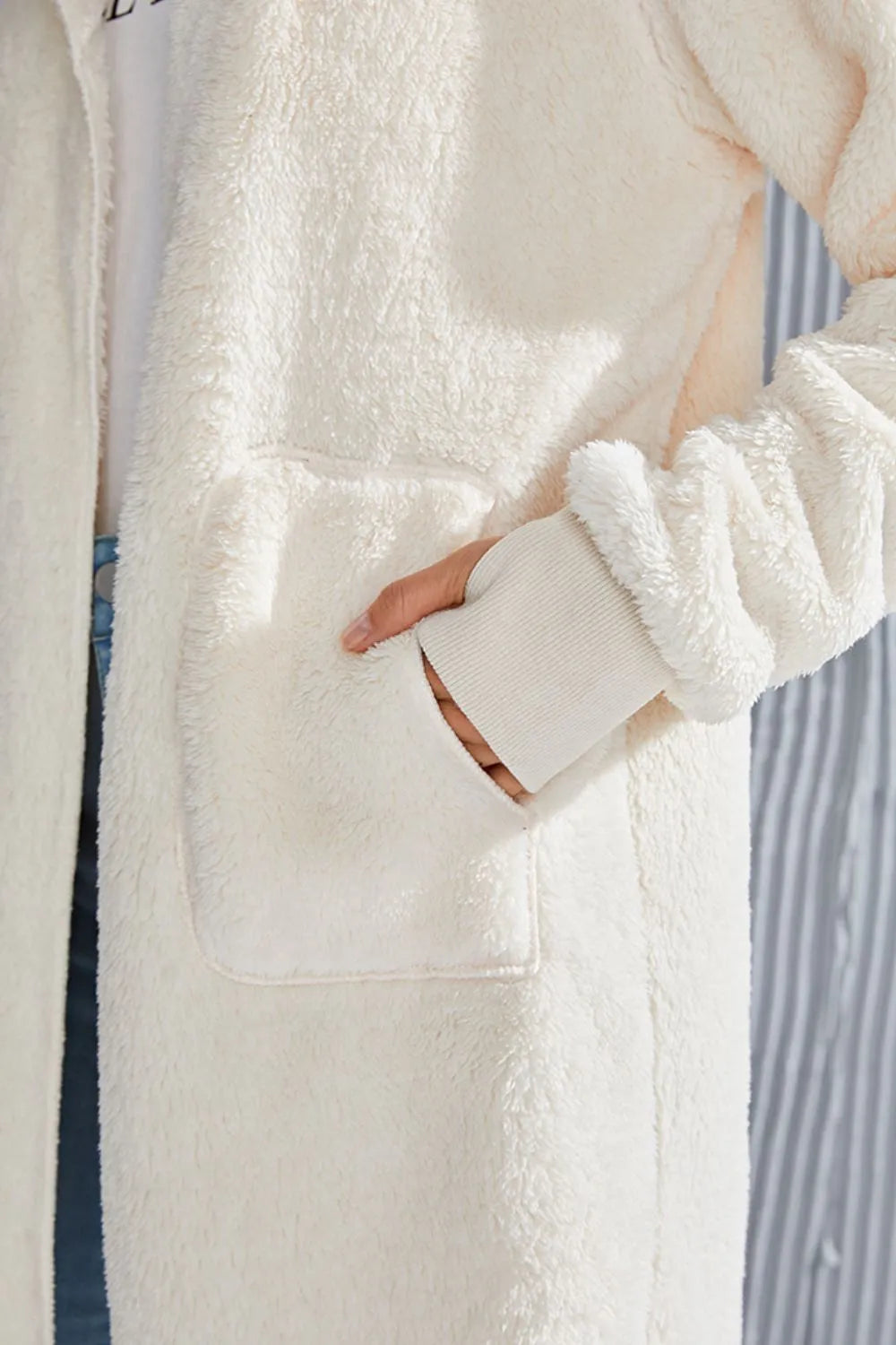 Double Take Women's Full Size Hooded Teddy Bear Jacket with Thumbholes