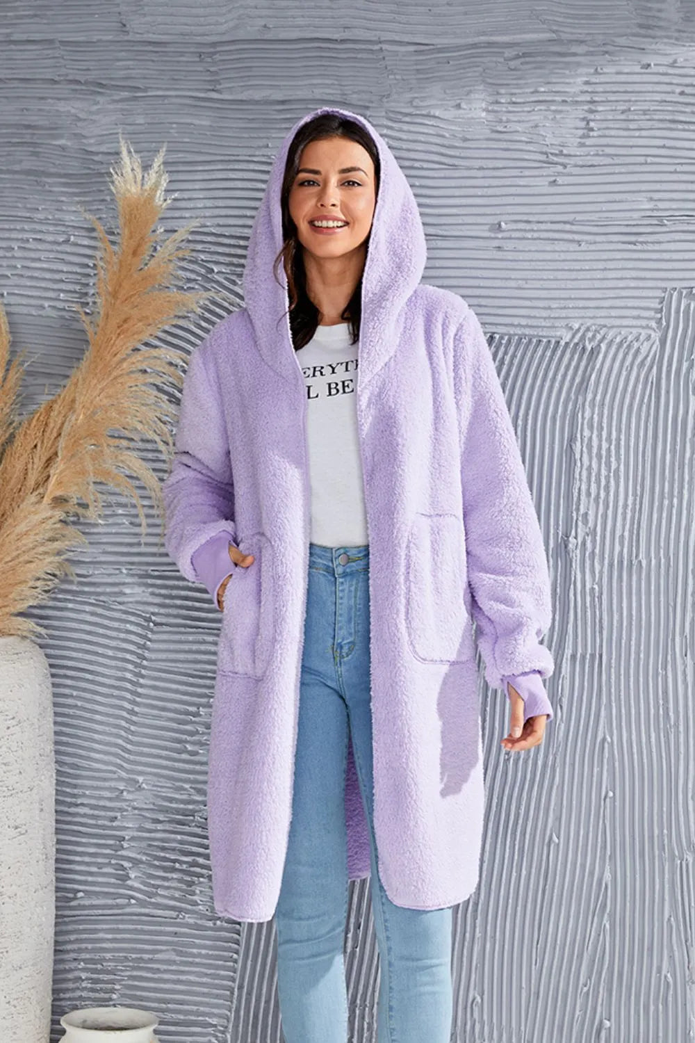 Double Take Women's Full Size Hooded Teddy Bear Jacket with Thumbholes