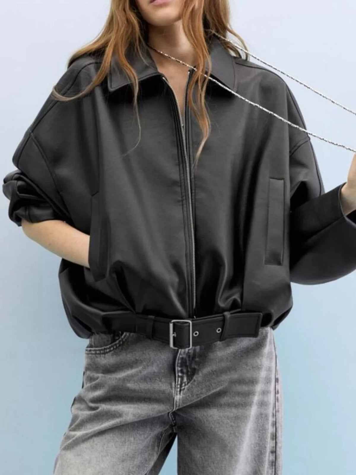 Belted Faux Leather Zip Up Jacket