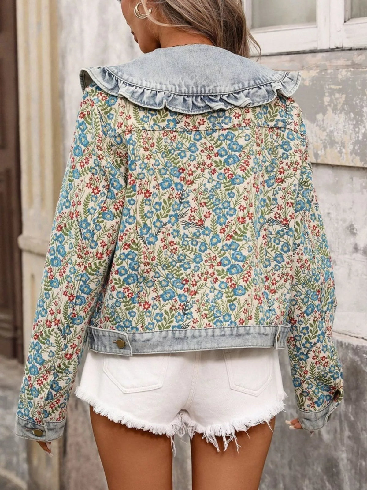 Floral Ruffle Collar Denim Jacket for Women