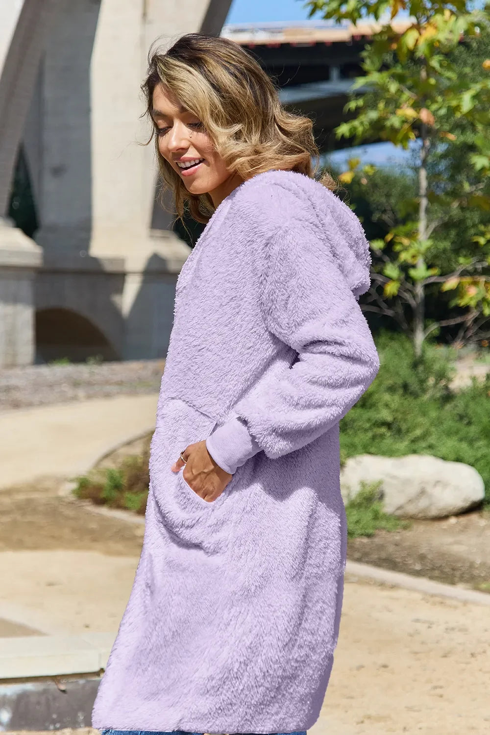 Double Take Women's Full Size Hooded Teddy Bear Jacket with Thumbholes