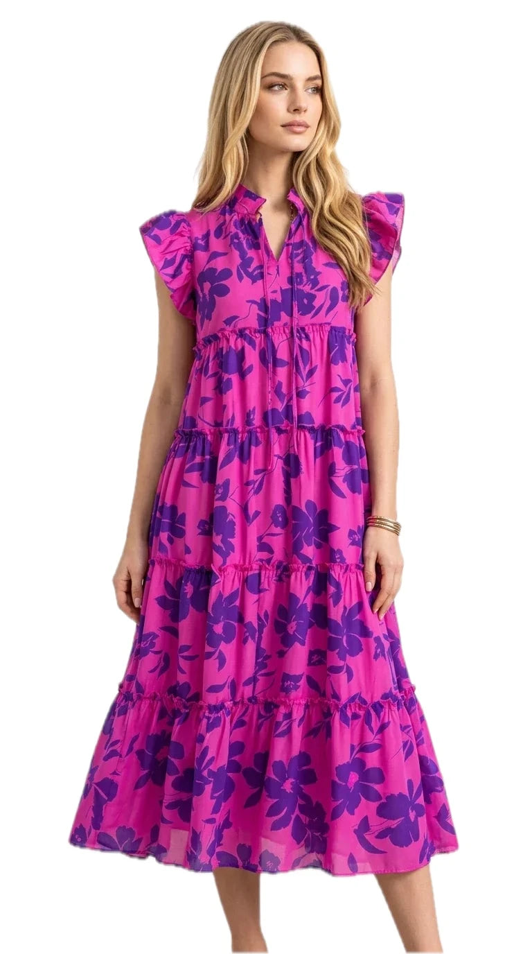 Oh Full Size Floral Ruffled Cap Sleeve Loose Flowy Summer Vacation Tiered Midi Dress for Women Plus Size