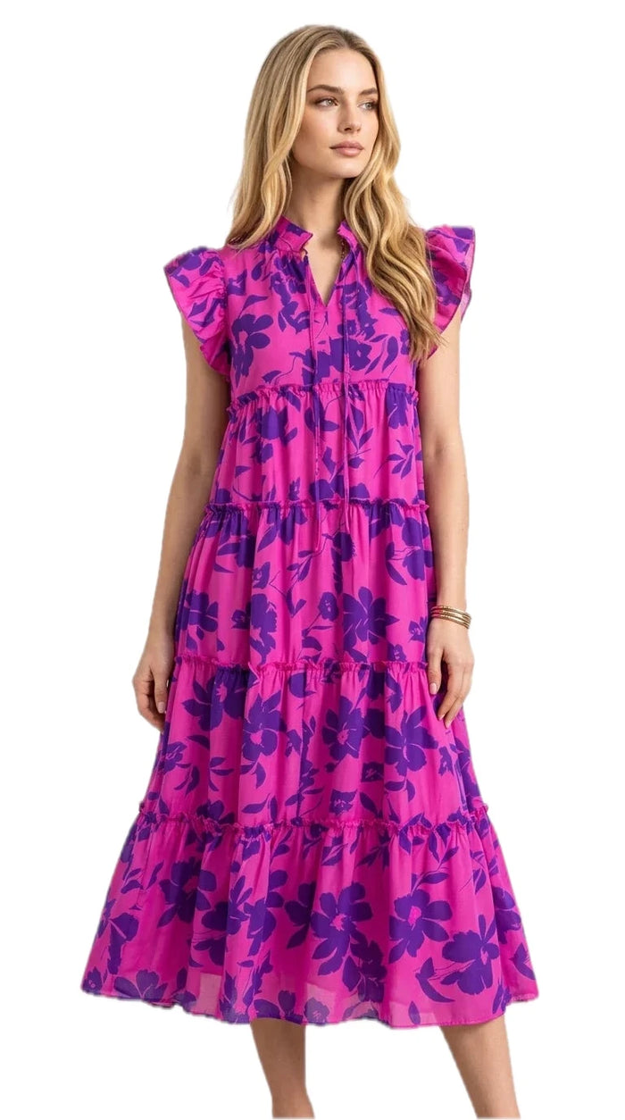 Oh Full Size Floral Ruffled Cap Sleeve Loose Flowy Summer Vacation Tiered Midi Dress for Women Plus Size