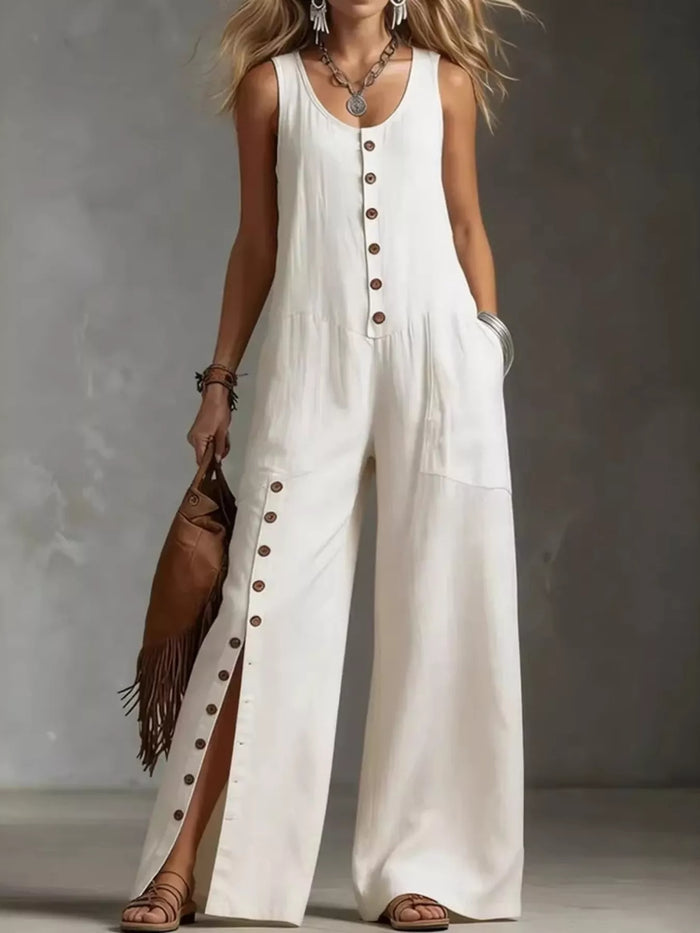 Full Size Sleeveless Button Front Wide Leg Jumpsuit for Women Plus Size
