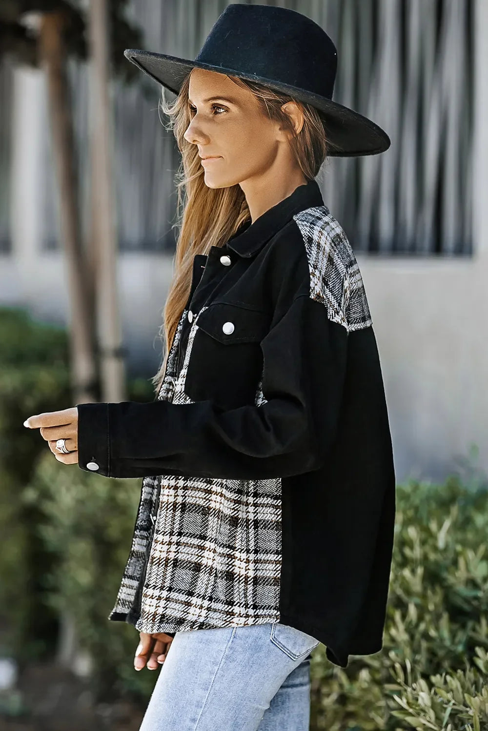 Women's Plaid Pocketed Button Up Denim Jacket