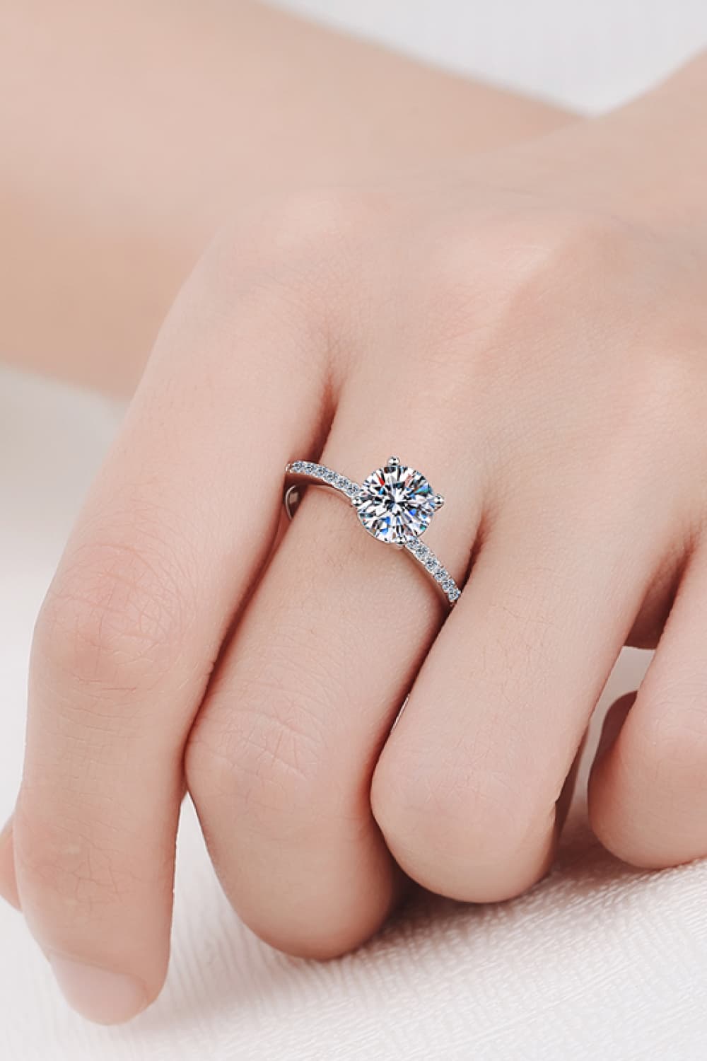 1 Carat Moissanite Rhodium-Plated Side Stone Ring for Women