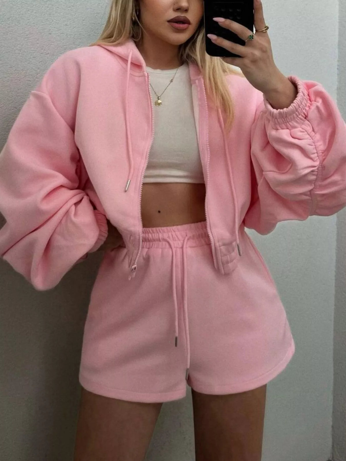 Zip-Up Jacket and High-Waisted Drawstring Shorts Set for Women
