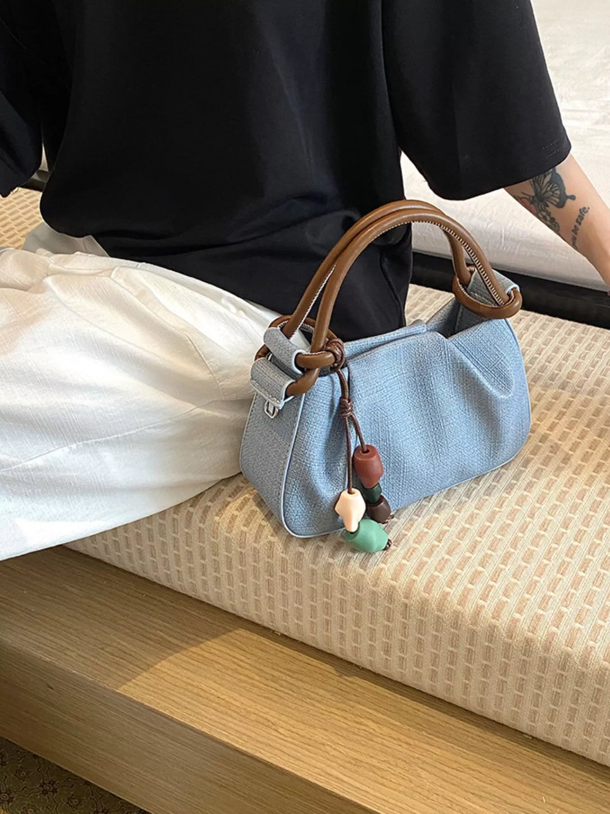 Ruched Top Handle Crossbody Bag in Blue