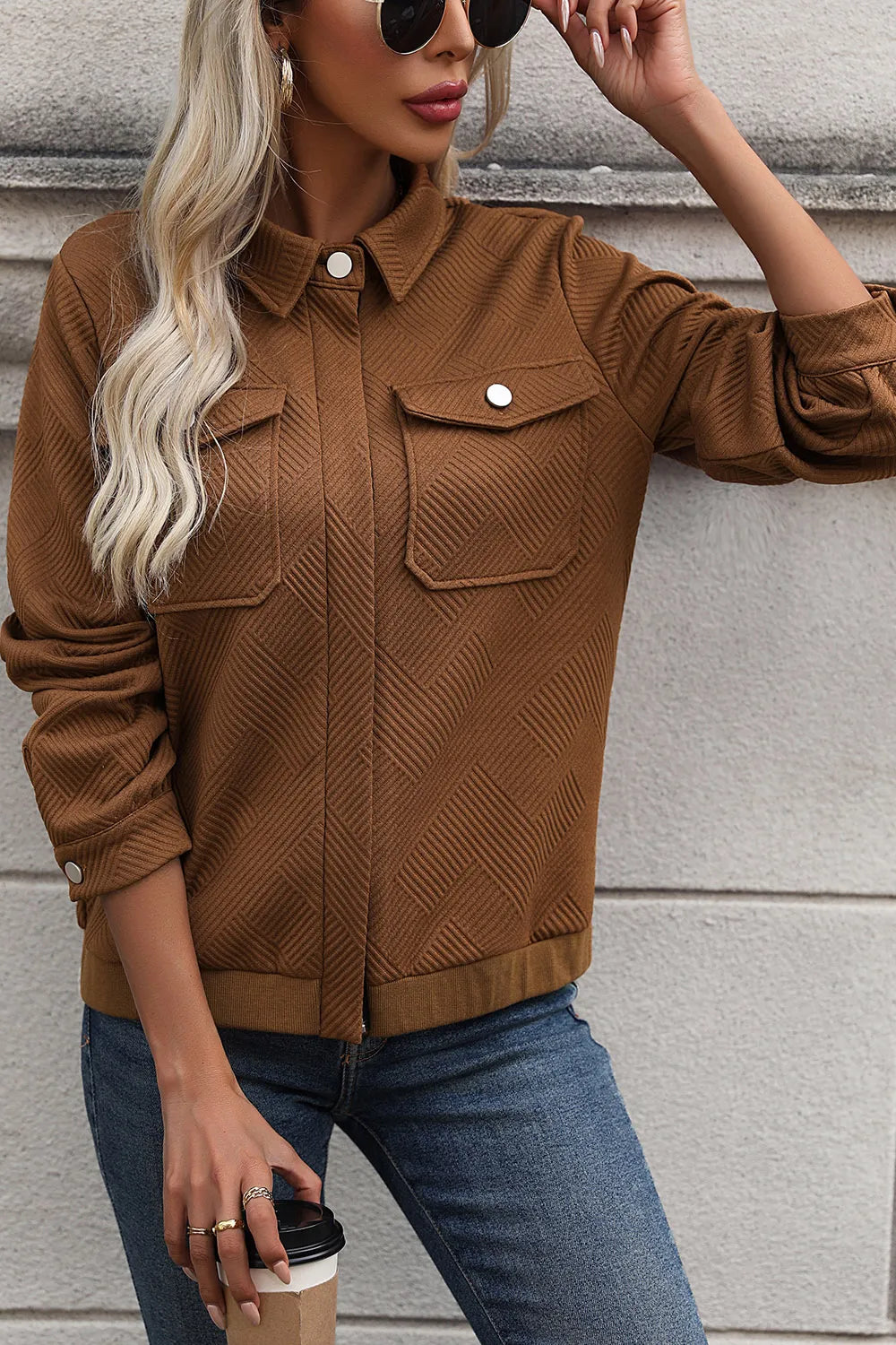 Perfee Textured Zip Up Collared Neck Jacket for Women