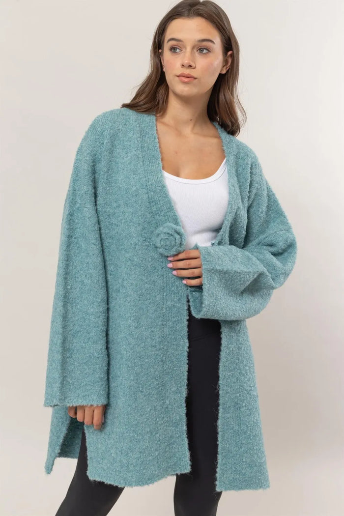 HYFVE Front Rosette Longline Slit Sweater Cardigan for Women