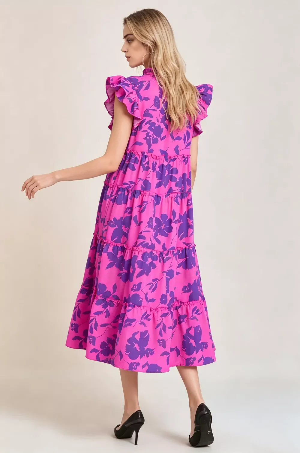 Oh Full Size Floral Ruffled Cap Sleeve Loose Flowy Summer Vacation Tiered Midi Dress for Women Plus Size