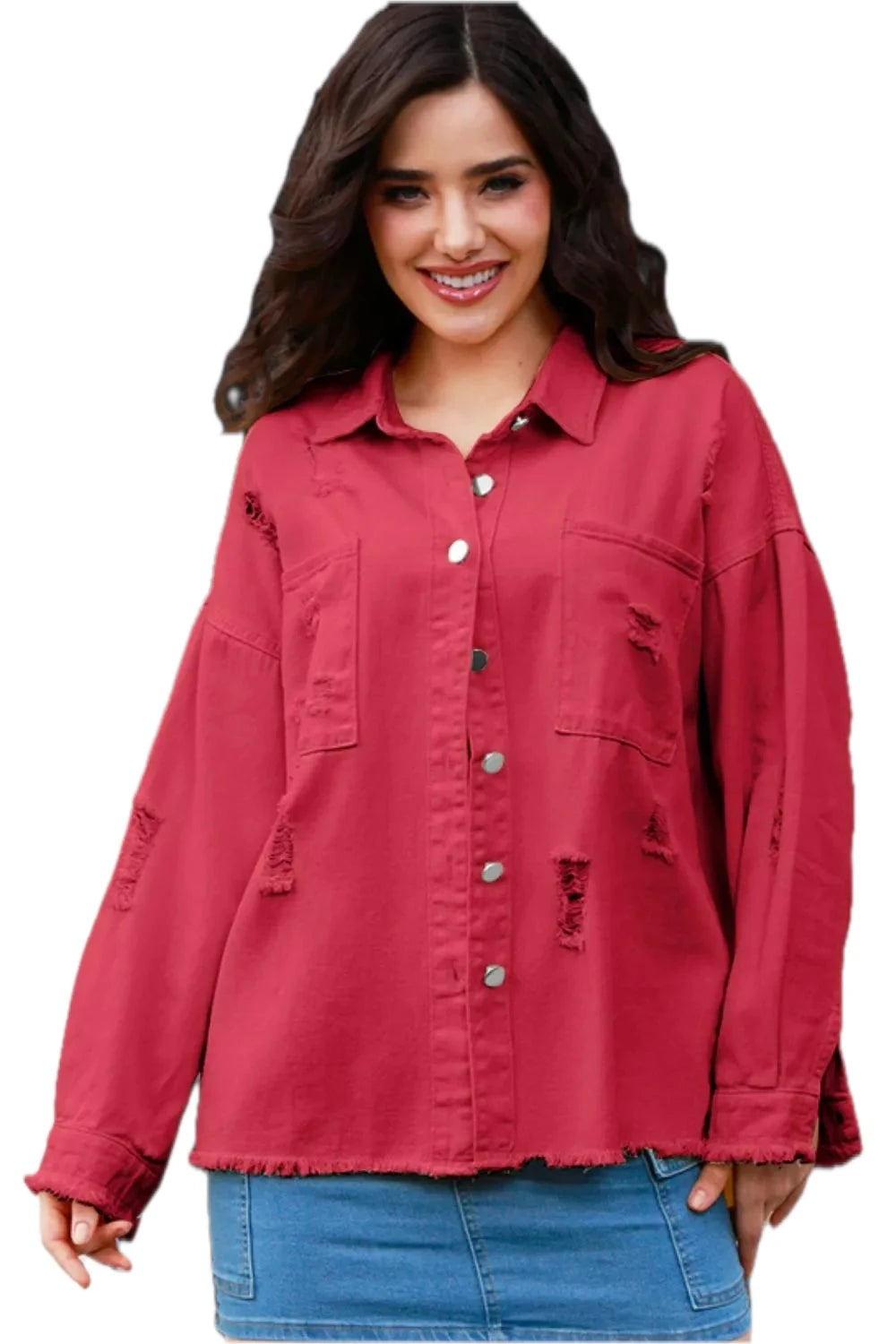 Distressed Button Up Raw Hem Denim Jacket