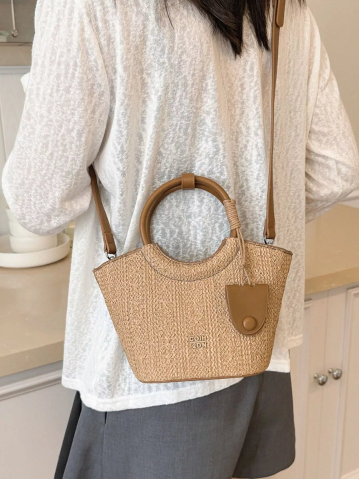 PU Leather Top Handle Crossbody Bag in Khaki