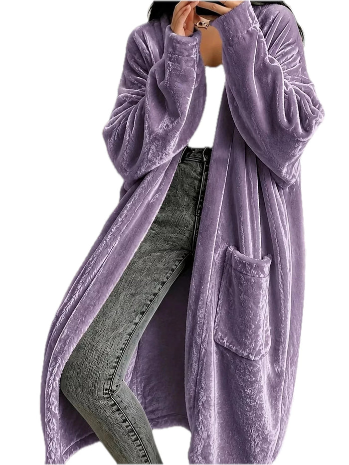Full Size Velvet Open-Front Longline Outerwear for Women Plus Size