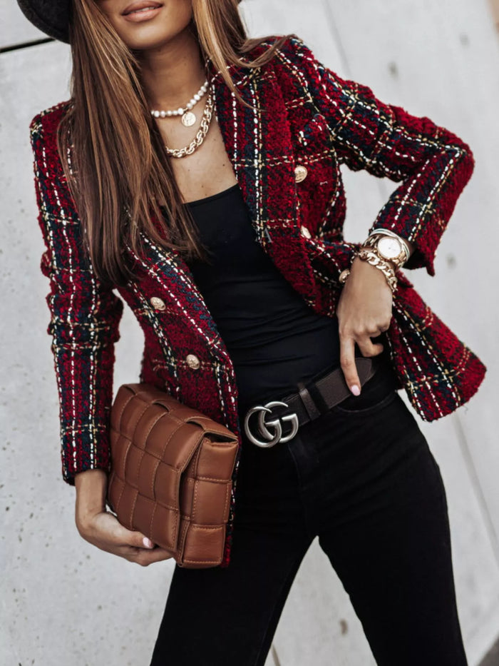 Full Size Plaid Tweed Double-Breasted Blazer for Women Plus Size