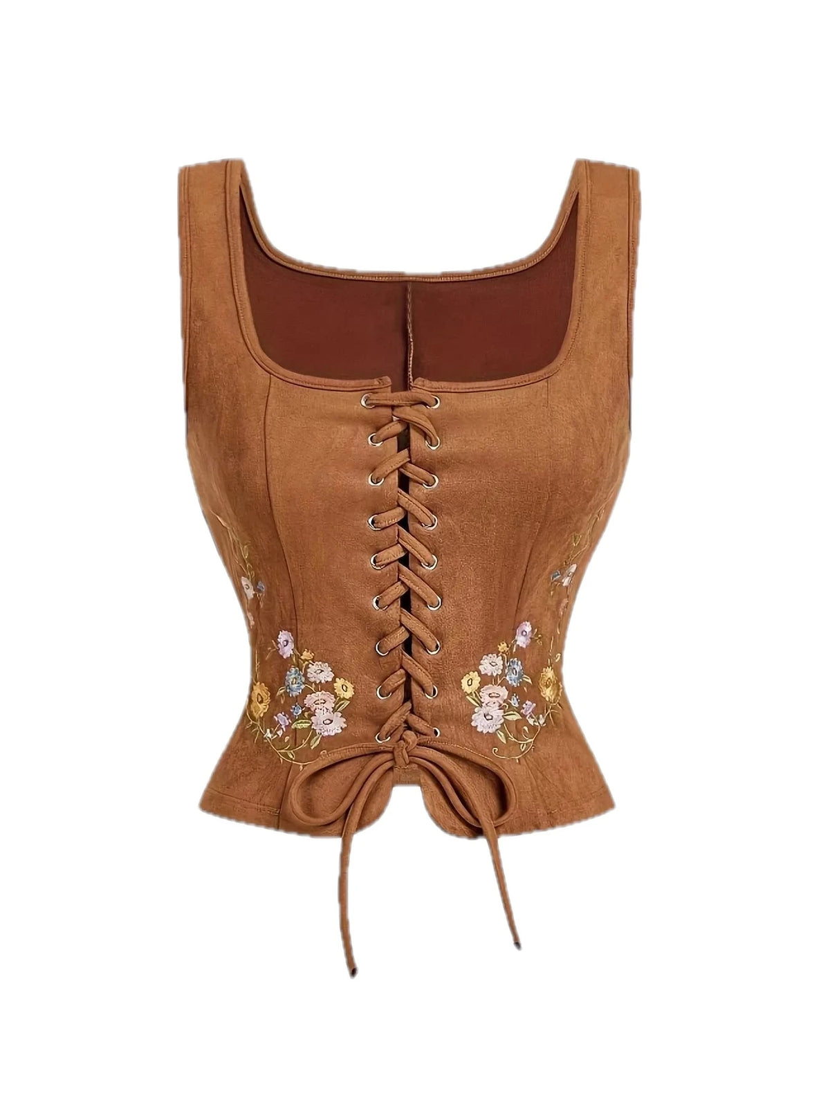 Floral Embroidered Lace Up Vest Coat
