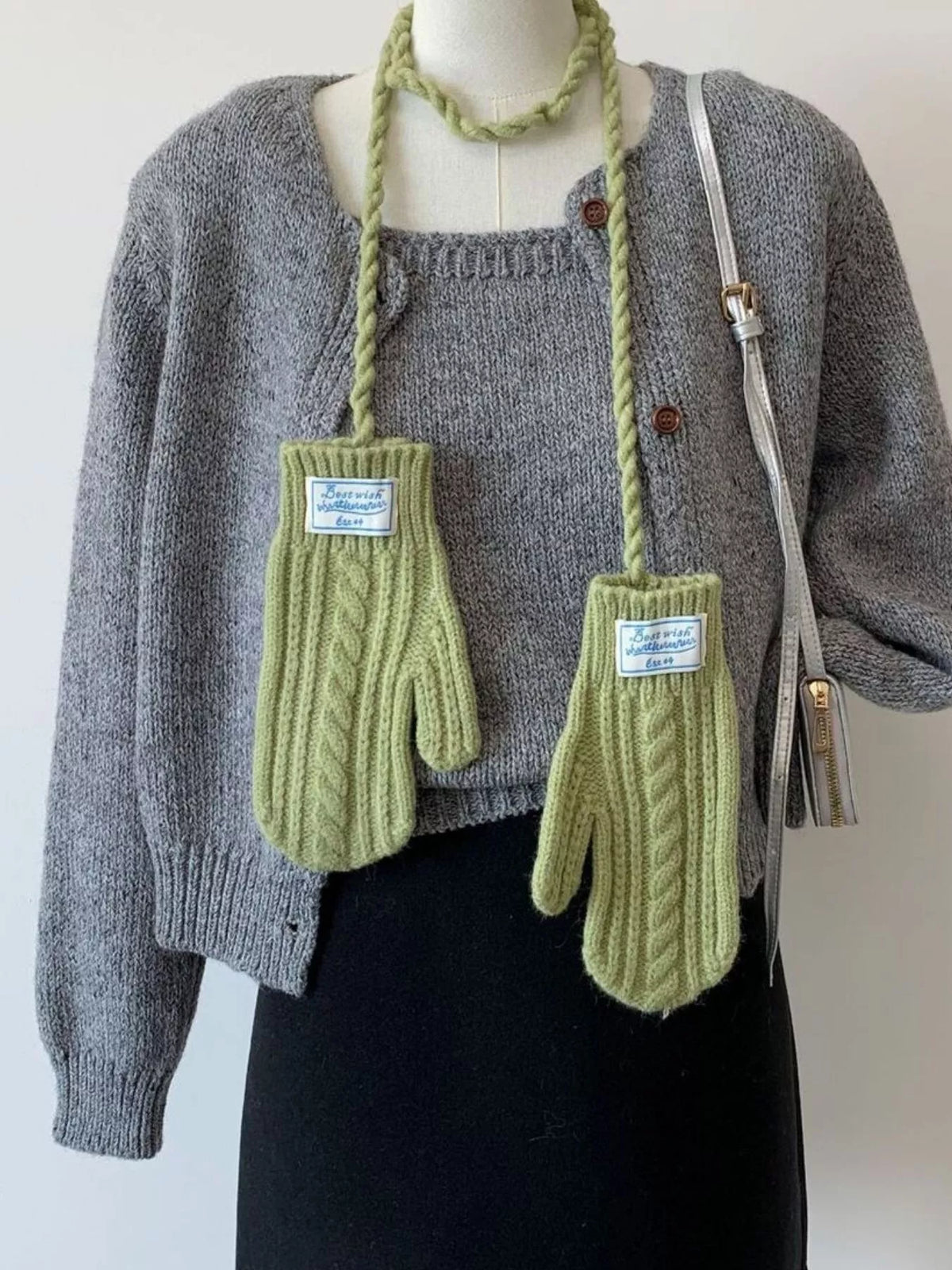 Cable Knitted Mittens with Neck Strap