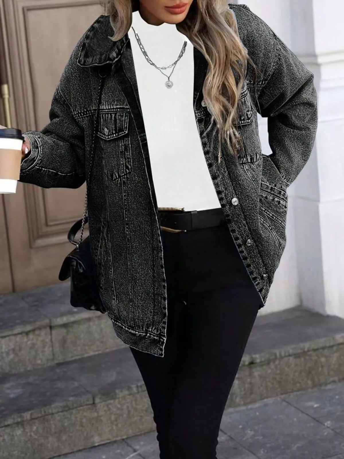 Women's Washed Button Up Oversized Denim Jacket