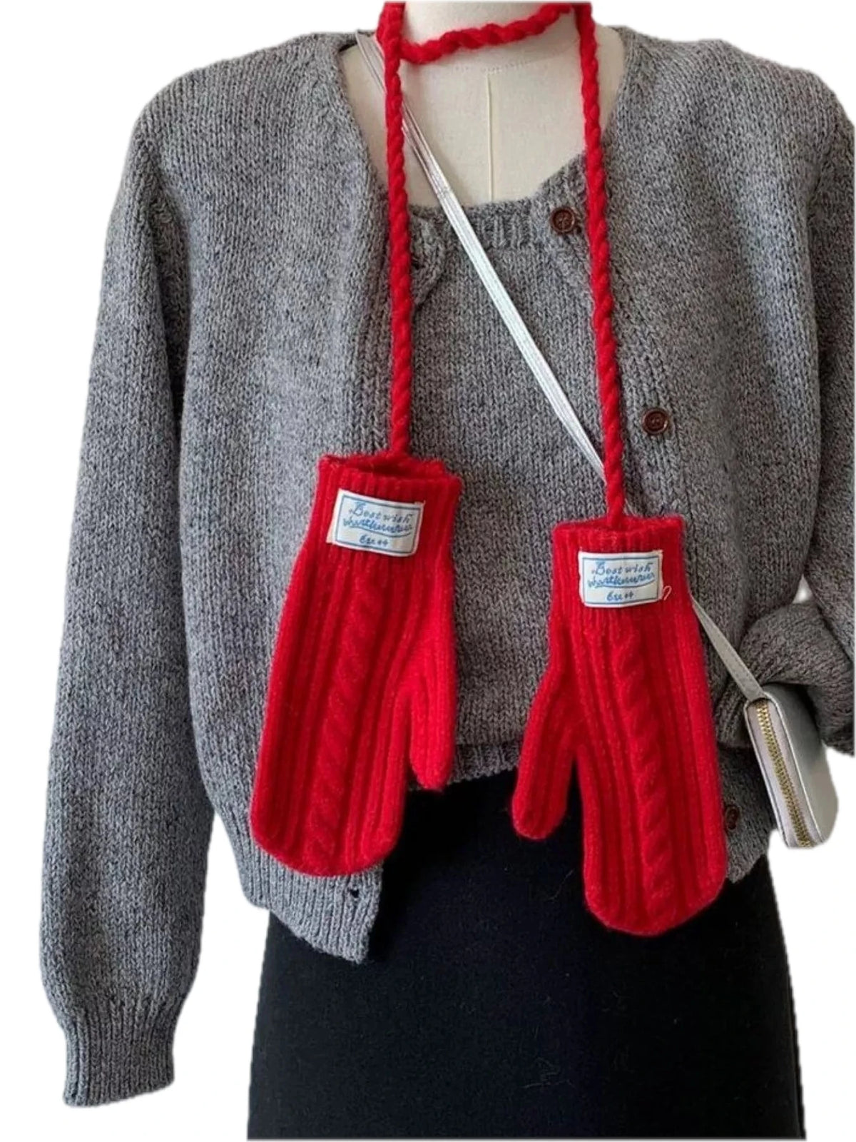 Cable Knitted Mittens with Neck Strap