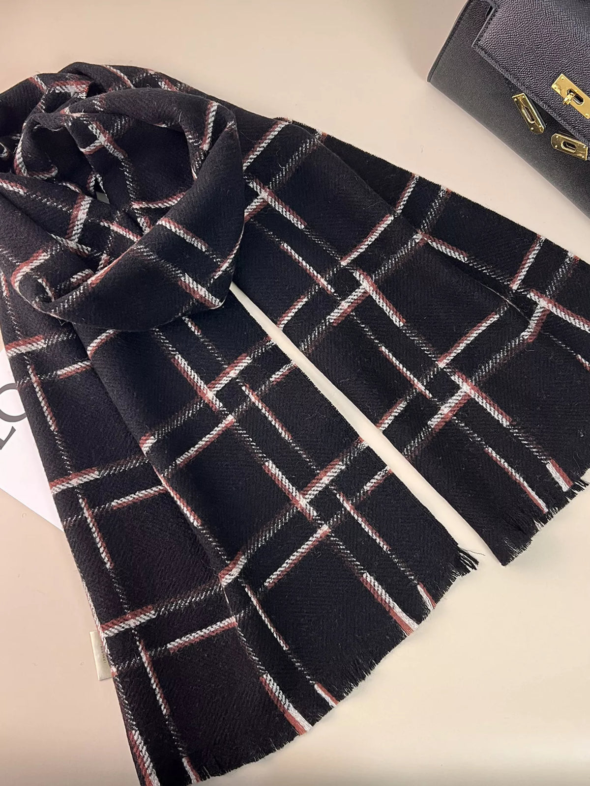 100% Wool Raw Hem Plaid Scarf for Women
