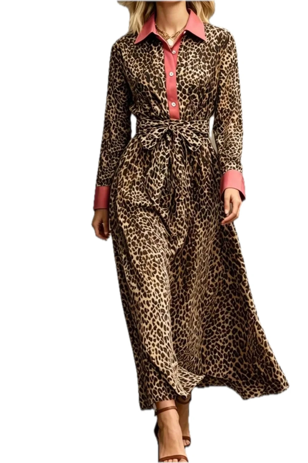 Leopard Belted Maxi Shirt Dress