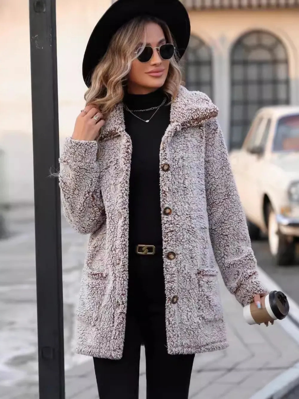 Pocketed Collared Neck Long Sleeve Plush Jacket for Women