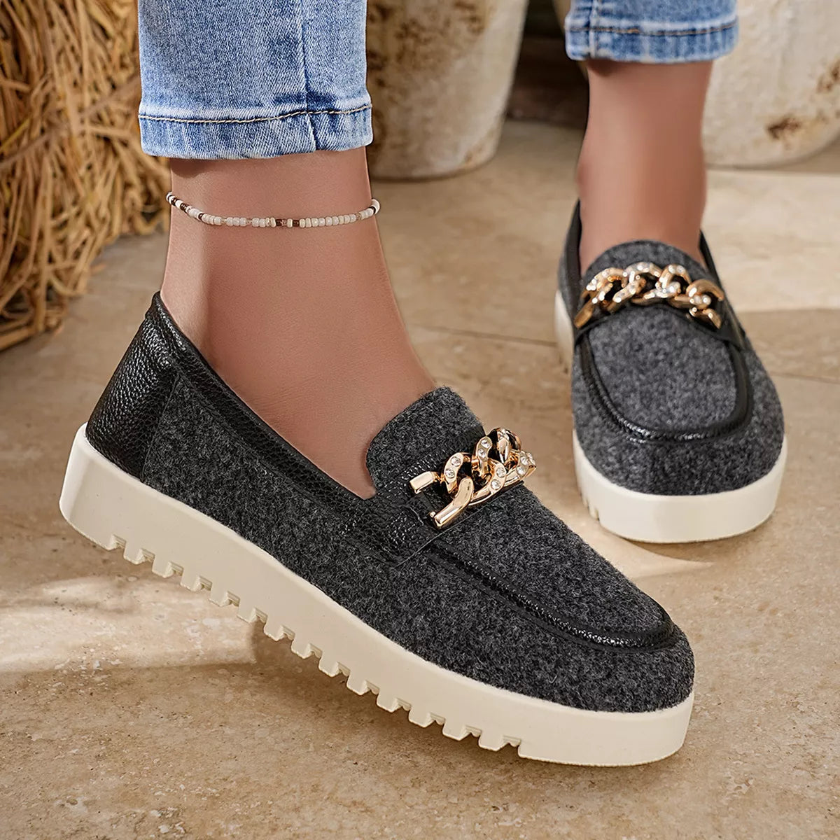 Chain Detail Platform Slip-On Shoes