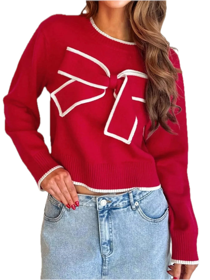 Bow Contrast Trim Cropped Sweater