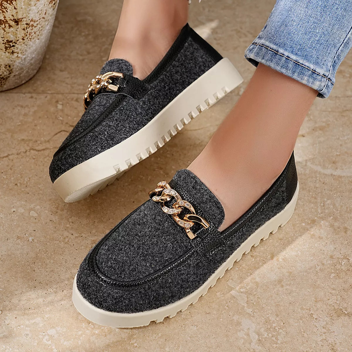 Chain Detail Platform Slip-On Shoes