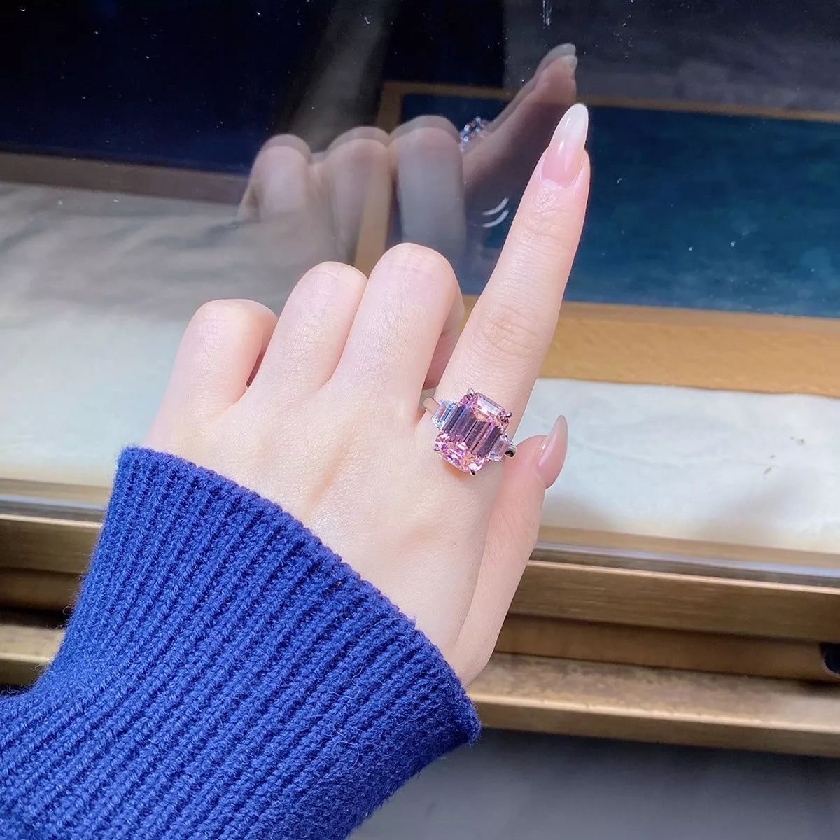 925 Sterling Silver Geometric Ring for Women in Blush Pink