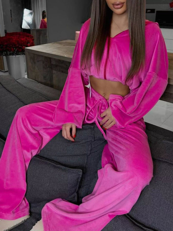 Cropped Zip Up Hoodie and Wide-Leg Pants Set for Women