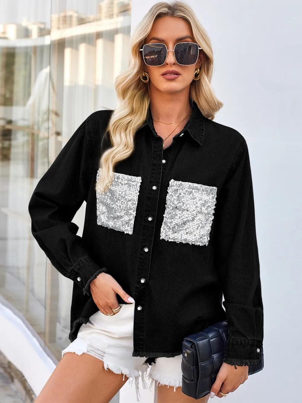 Raw Hem Sequin Pocket Denim Jacket