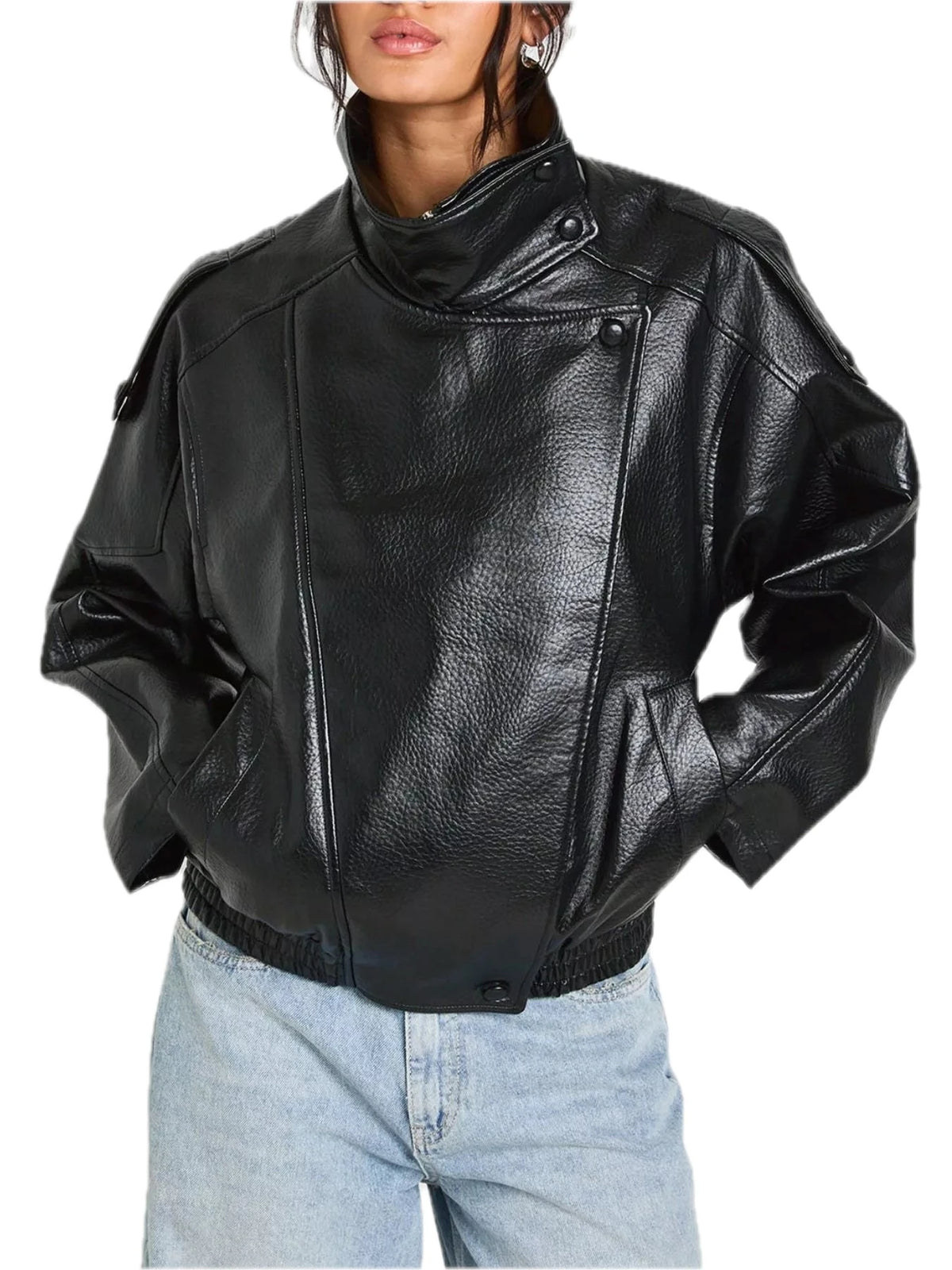 Faux Leather Moto Jacket for Women with Asymmetrical Zip