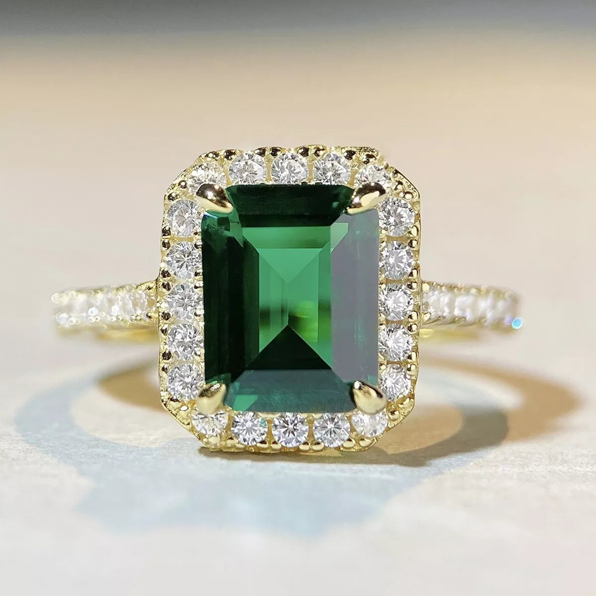 18K Gold-Plated 925 Sterling Silver Zircon Geometric Ring for Women in Dark Green