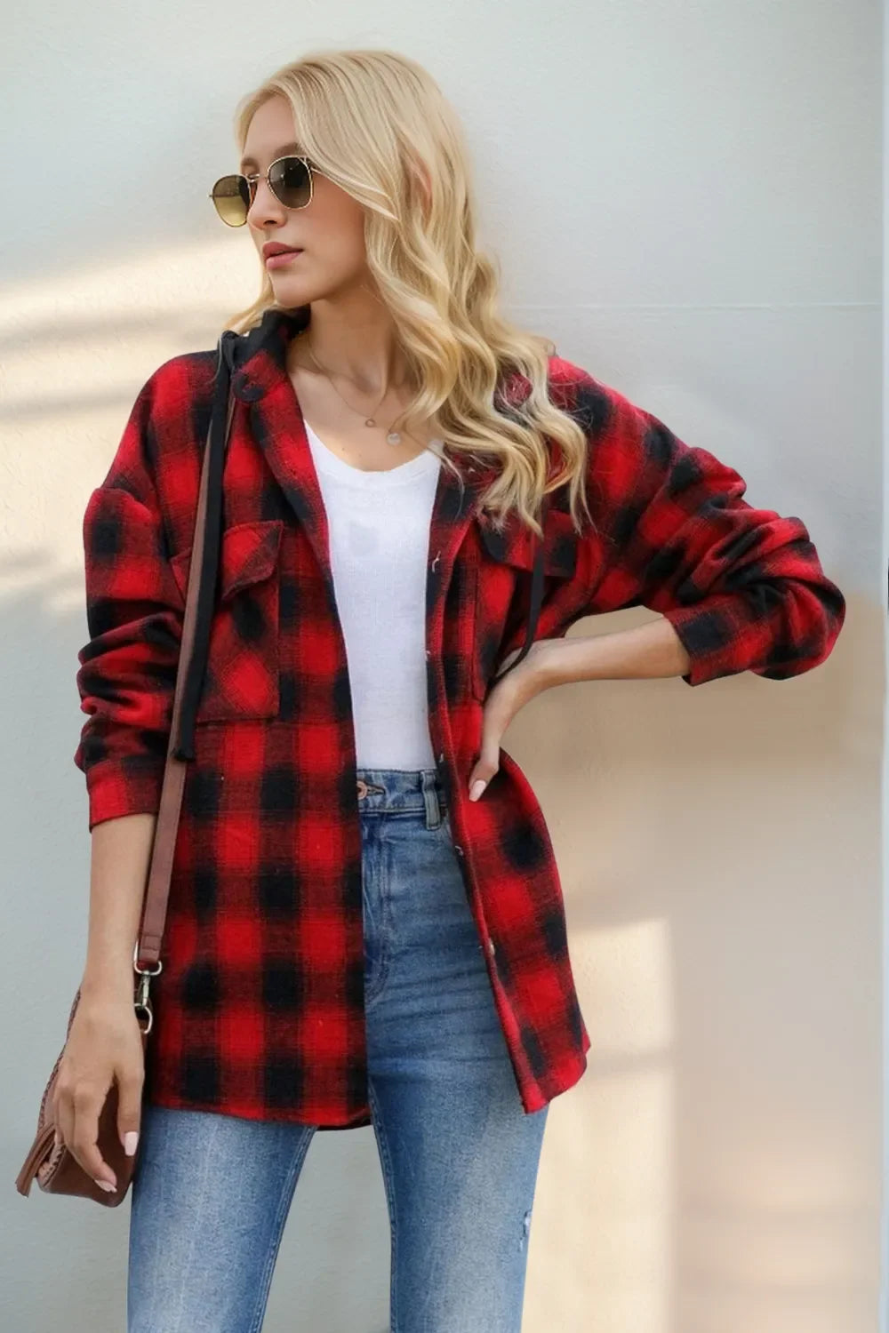 Double Take Plaid Hooded Shacket