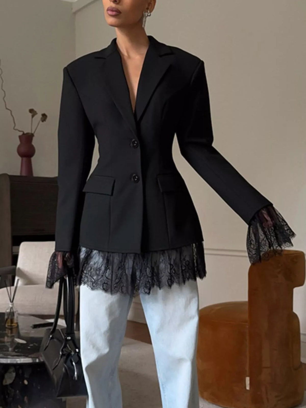 Lace Hem Lapel Blazer