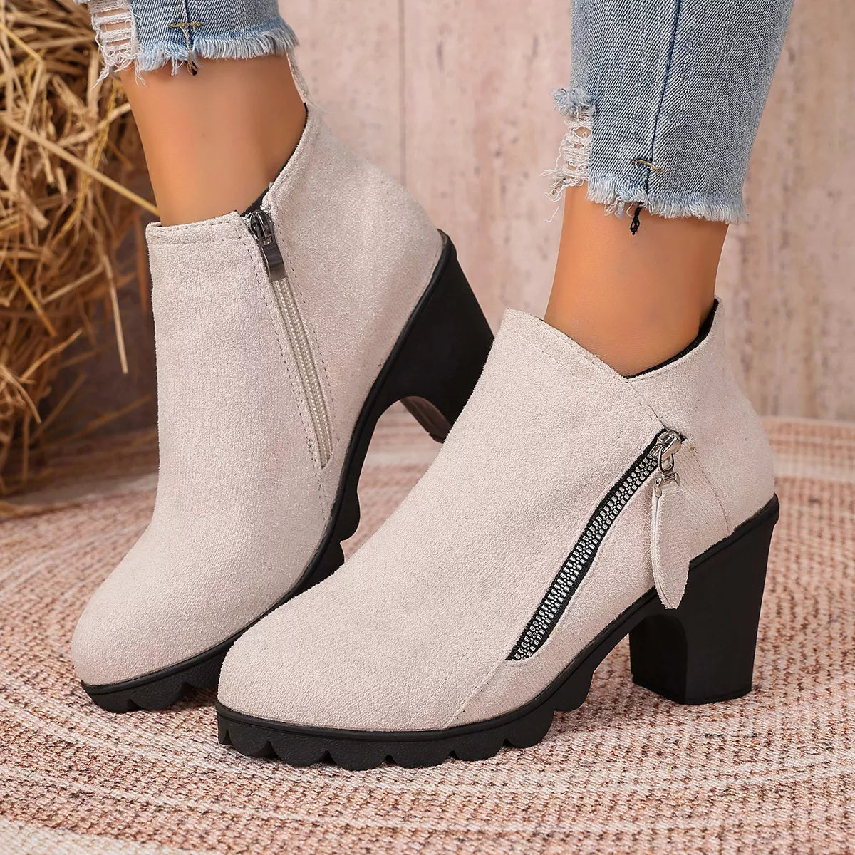 Diagonal Zip Round Toe Block Heel Boots
