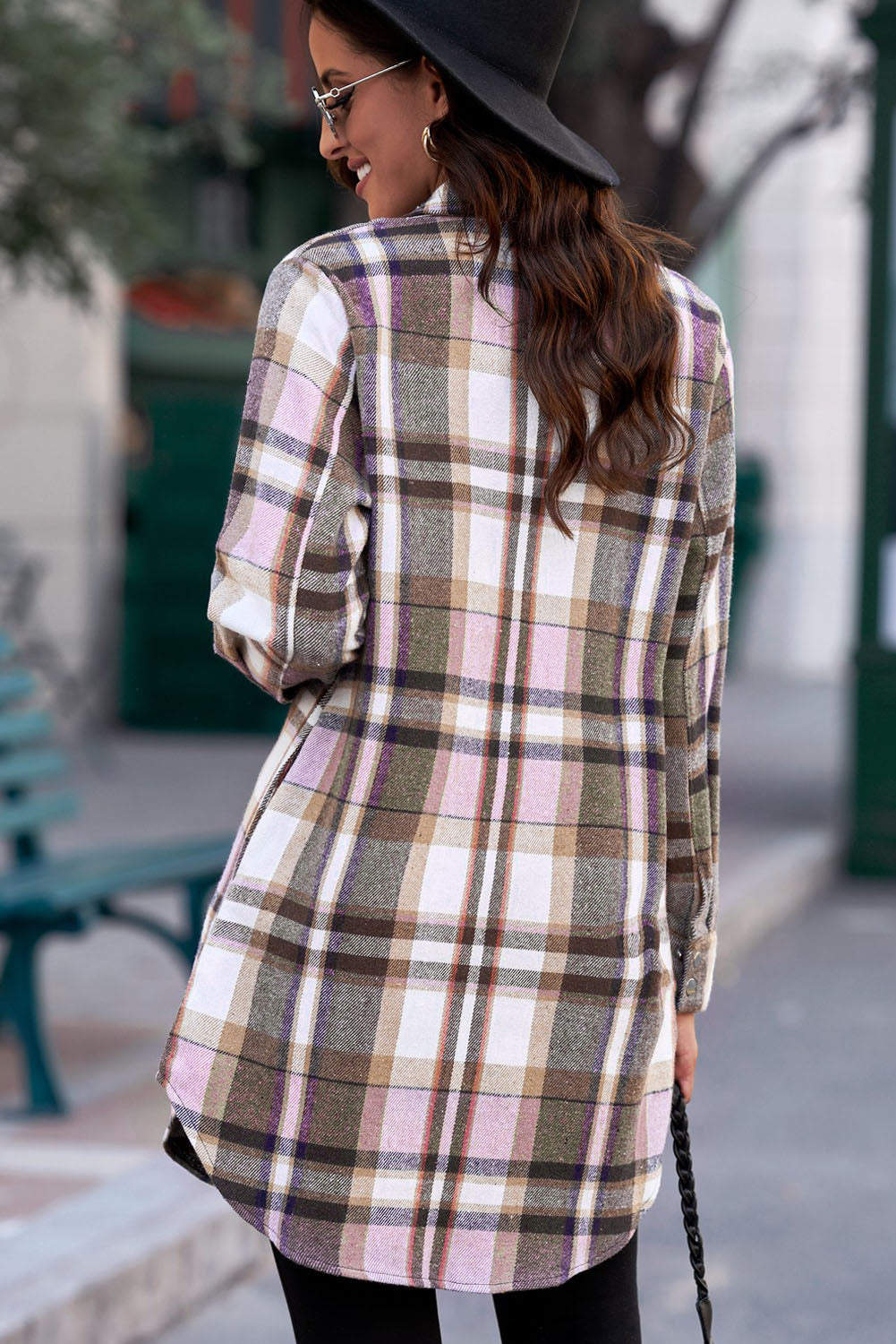 Plaid Button-Up Longline Shirt Jacket for Women