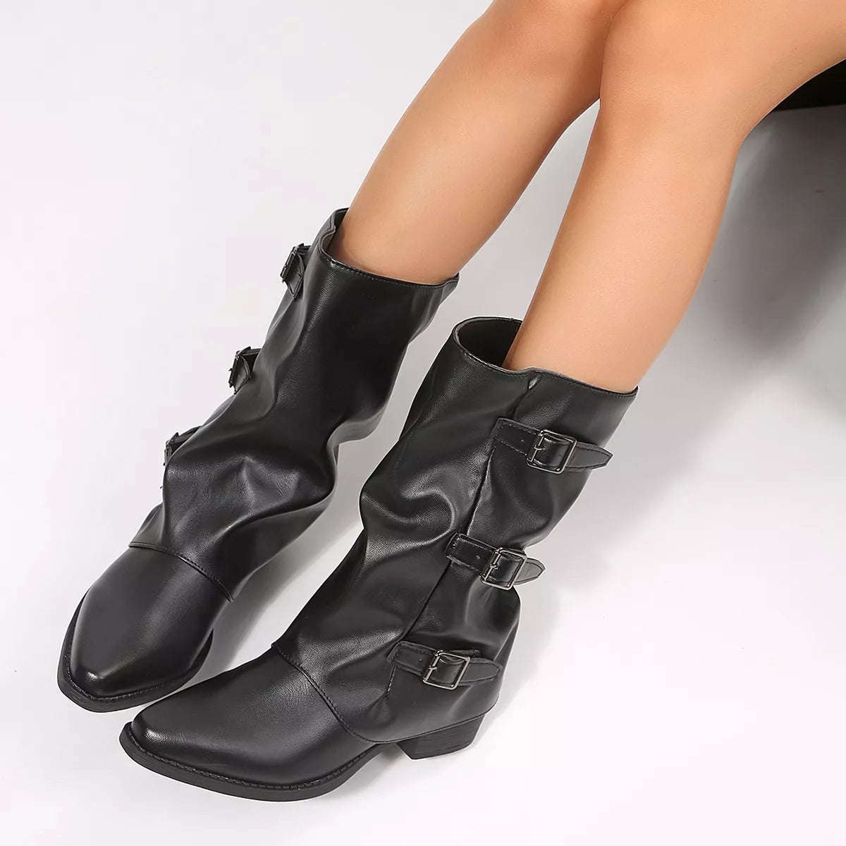 Double Buckle Pointed Toe Block Heel Boots