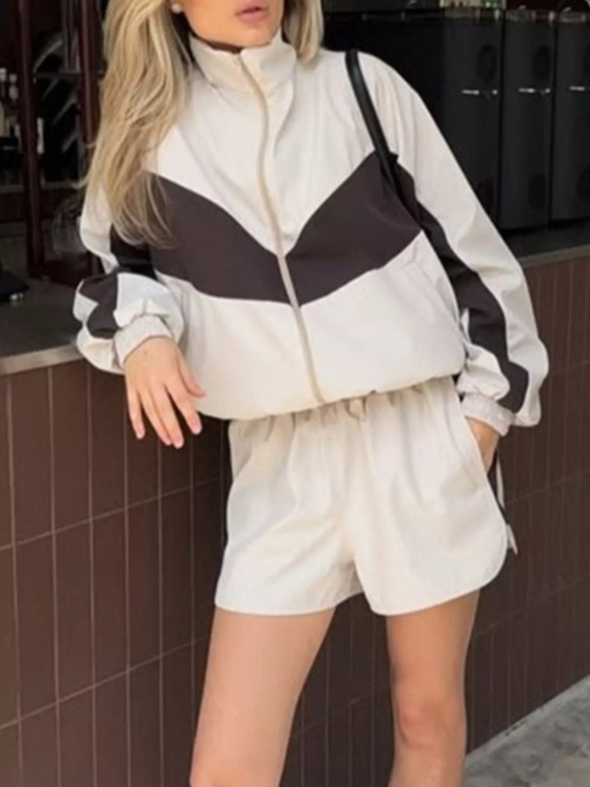 Color Block Zip Up Jacket and Shorts Set