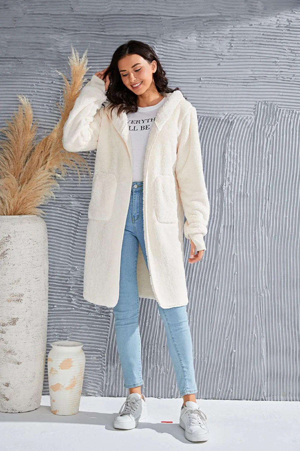 Double Take Women's Full Size Hooded Teddy Bear Jacket with Thumbholes