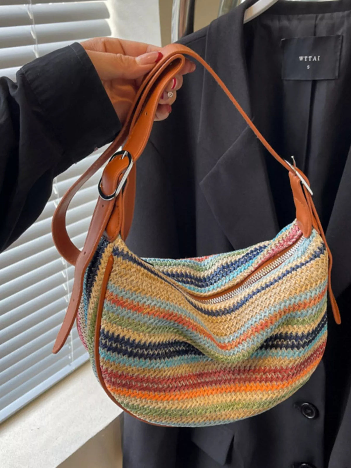 Striped Straw Woven Crossbody Bag for Women
