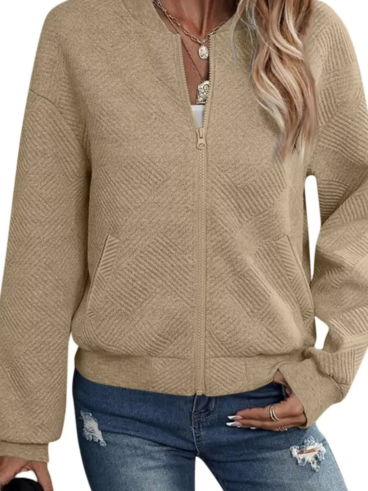 Textured Knit Zip Up Jacket