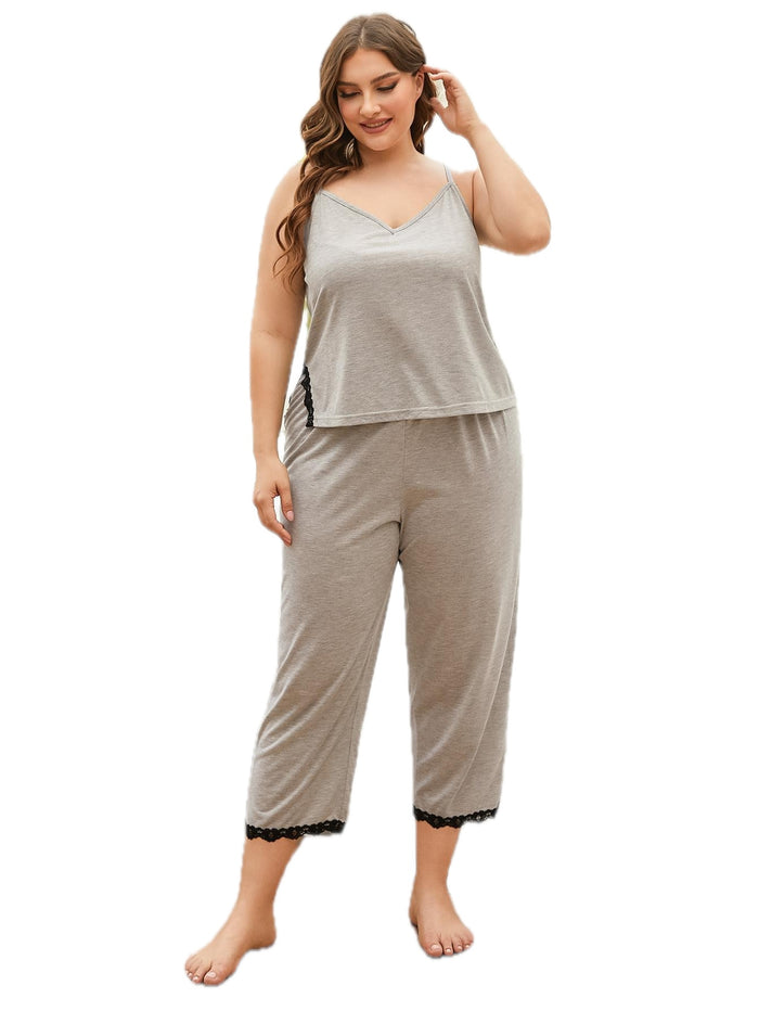 Plus Size Lace Trim Slit Cami and Pants Pajama Set for Women