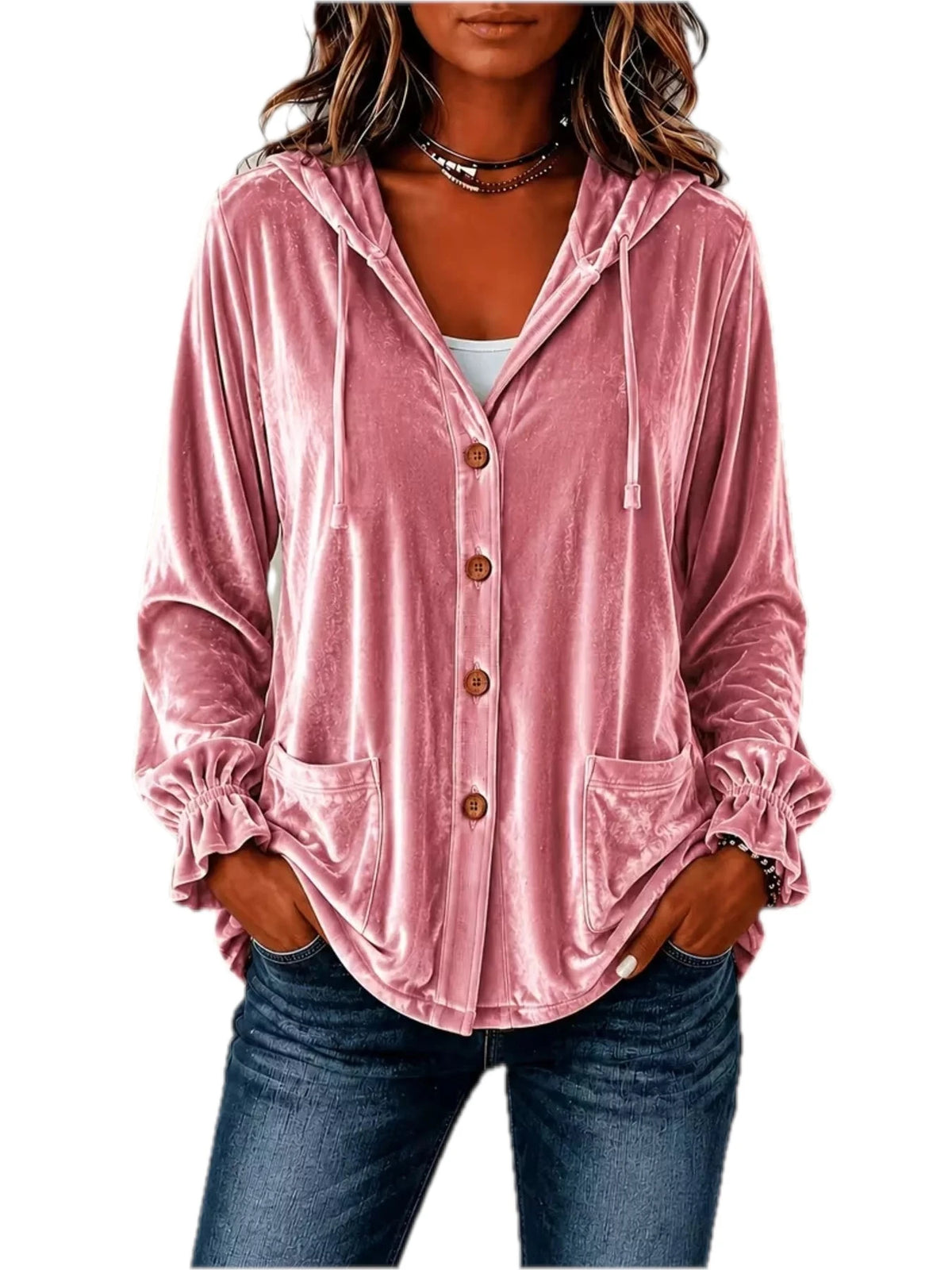 Velvet Button Down Hooded Outerwear Plus Size
