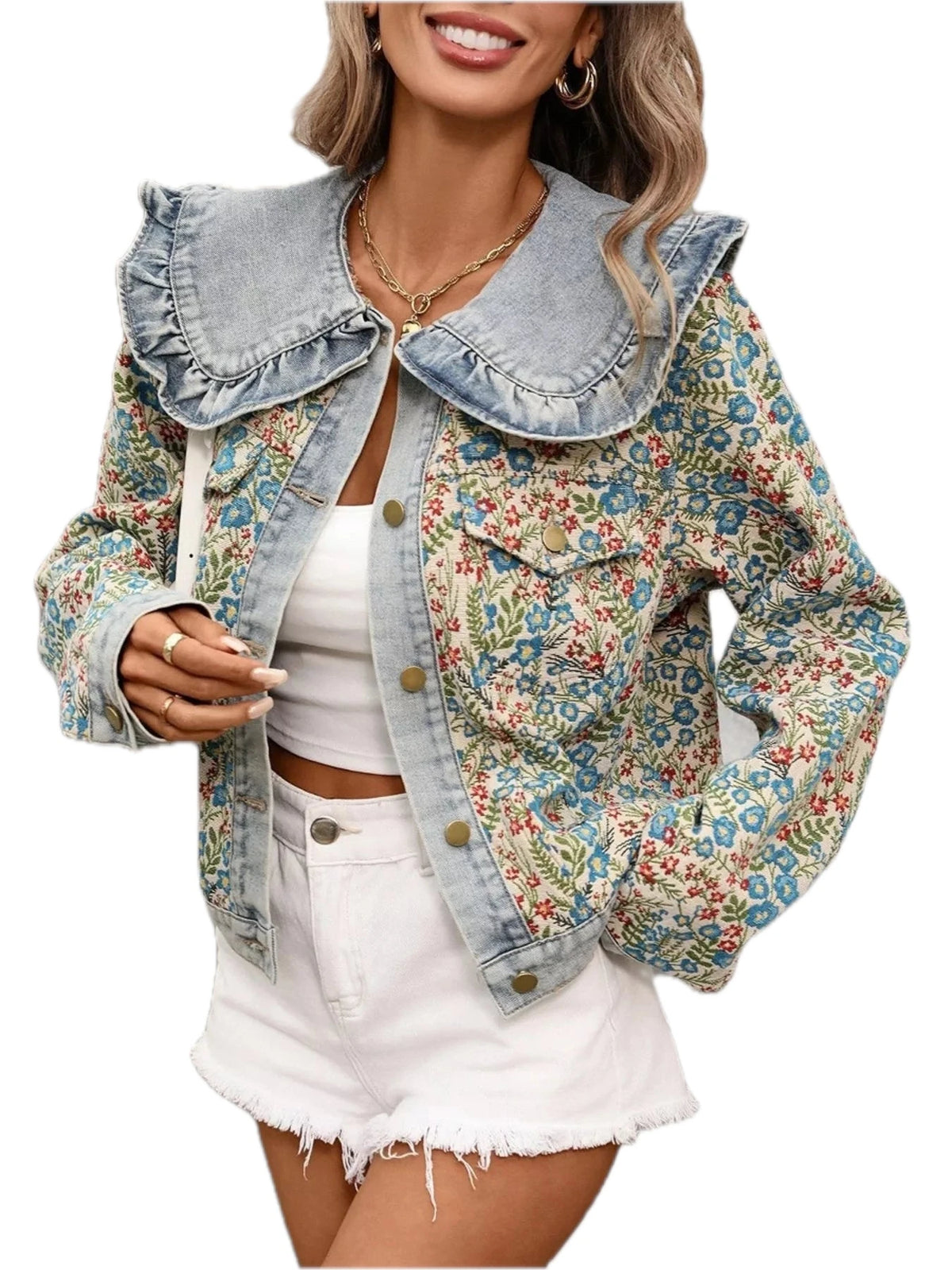 Floral Ruffle Collar Denim Jacket
