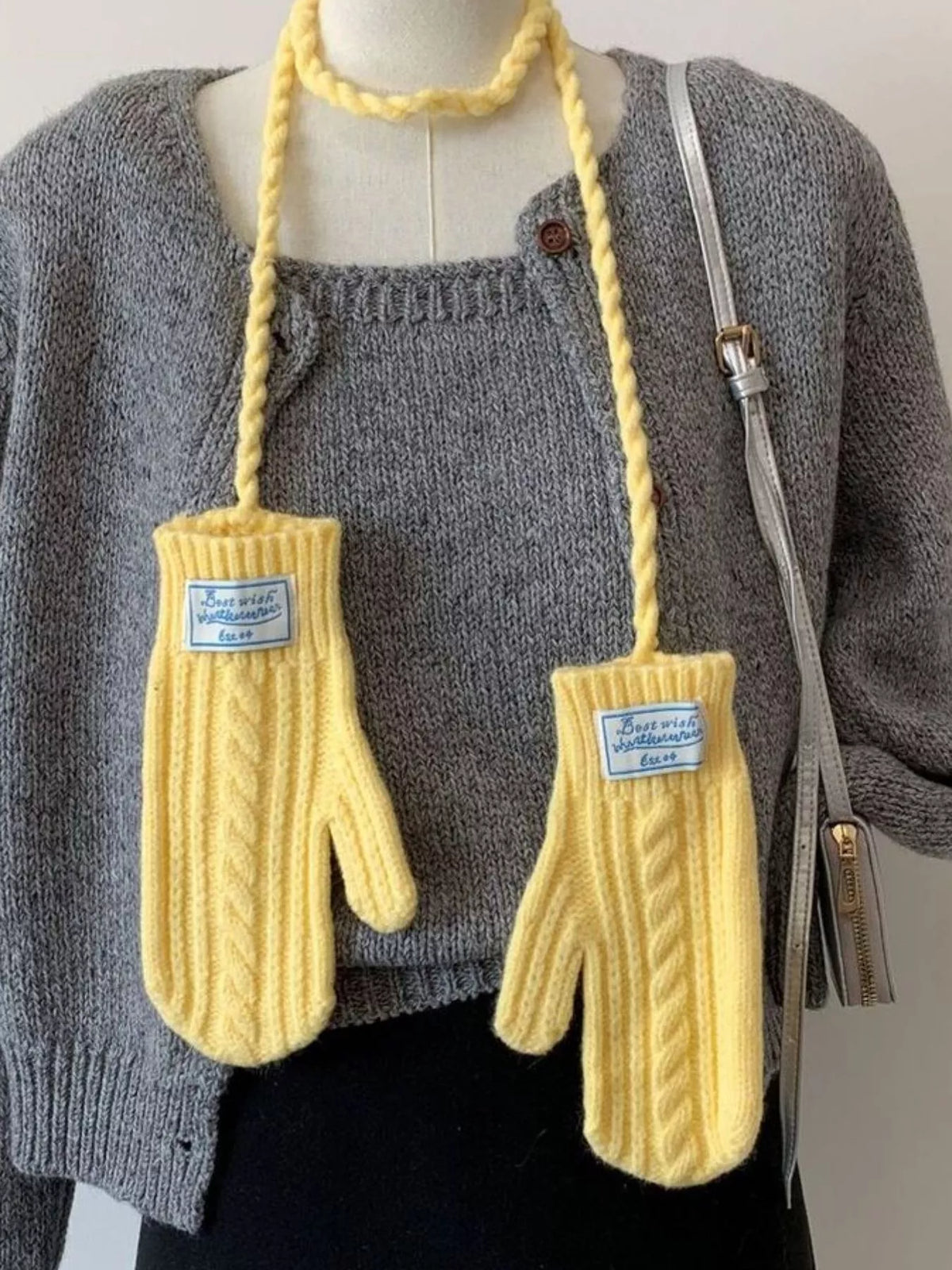 Cable Knitted Mittens with Neck Strap