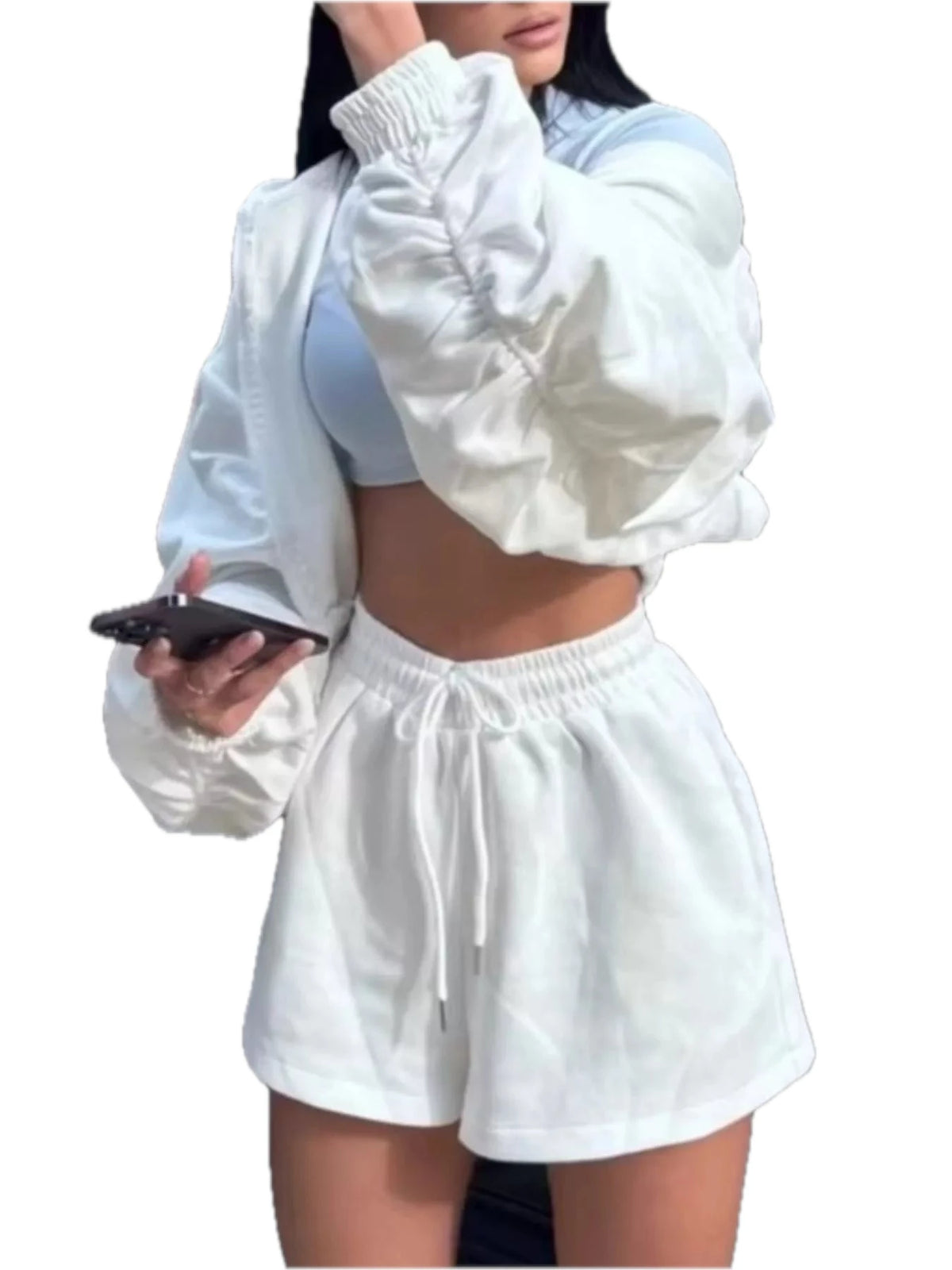 Zip-Up Jacket and High-Waisted Drawstring Shorts Set for Women