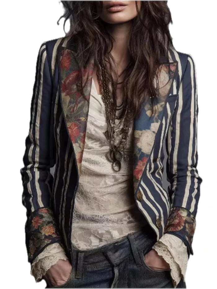 Women's Striped Floral Contrast Slim Fit Blazer