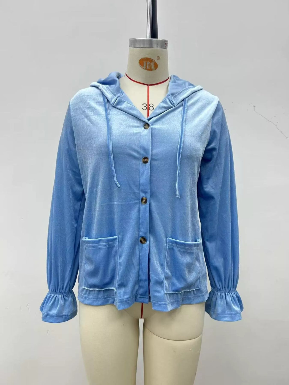 Velvet Button Down Hooded Outerwear Plus Size